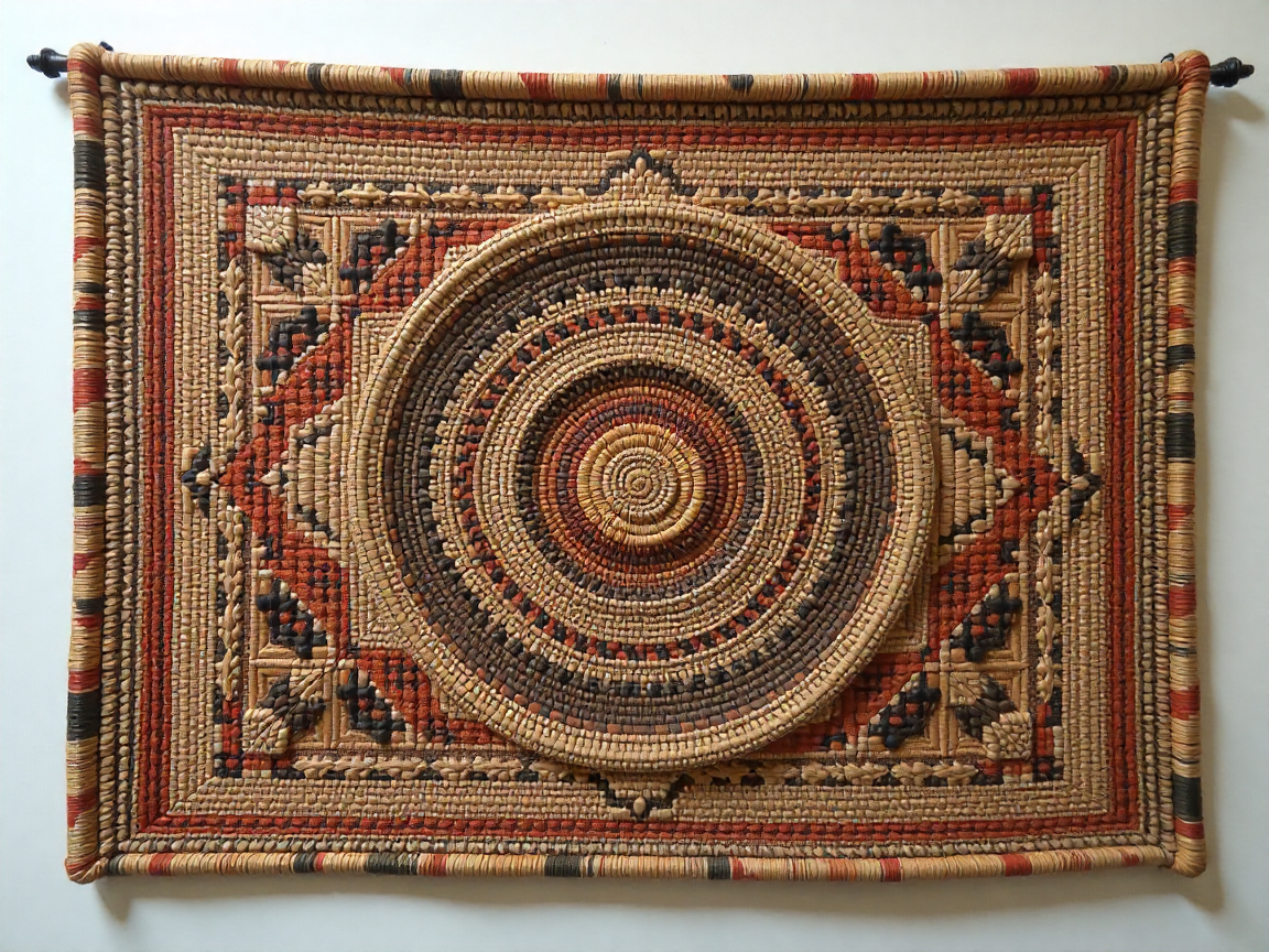 Handwoven decorative wall hanging with intricate geometric patterns